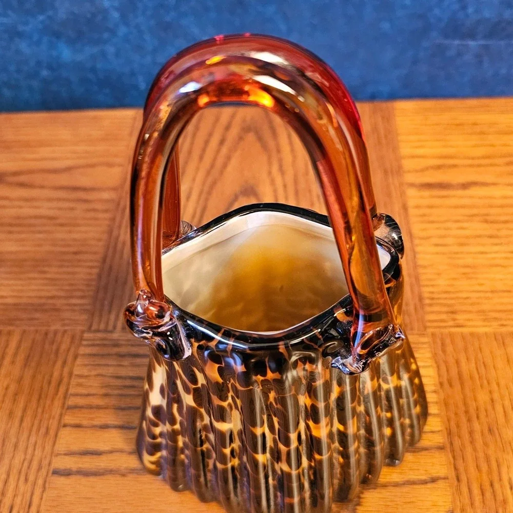 Vintage Art Glass Tortoiseshell Purse Vase Amber Brown Leopard Print Hand Blown